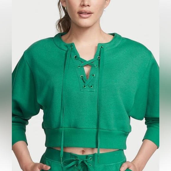 Victoria's Secret Tops - Victoria's Secret Emerald Green Lace-Up v neck sweatshirt in size Large